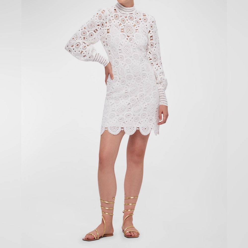 LEO LIN Daisy Scalloped Turtleneck Crochet Mini Dress